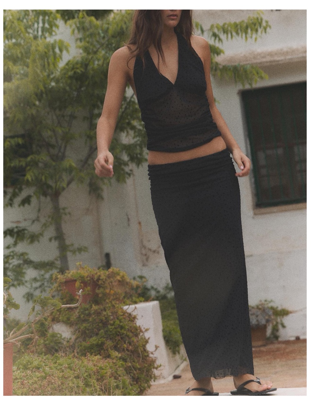 Zara Black Dotted Mesh Maxi Skirt Size Medium